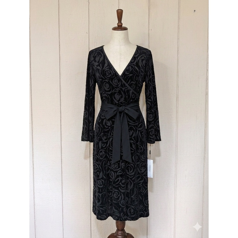 Calvin Klein Black Burnout Velvet Wrap Dress Bell Sleeve Whimsigoth Office Goth